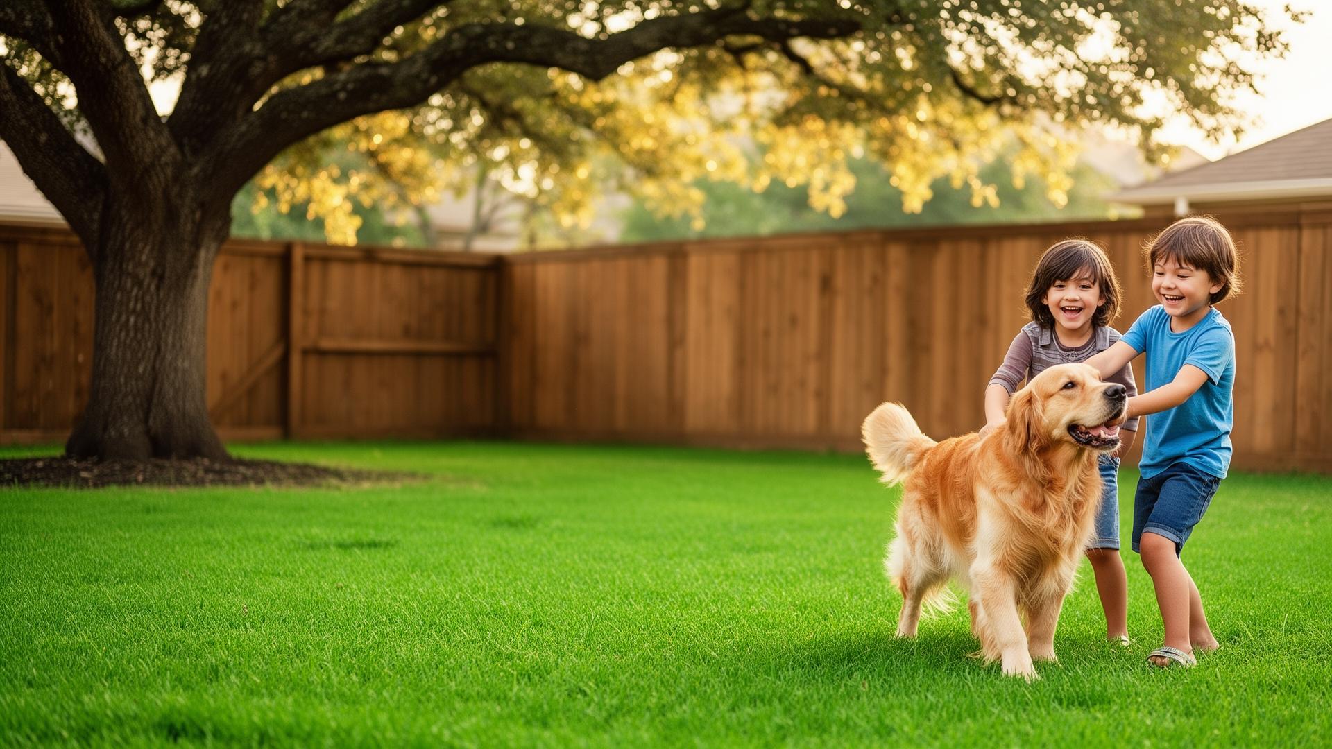 Kids playing with their dog in a clean green Texas backyard